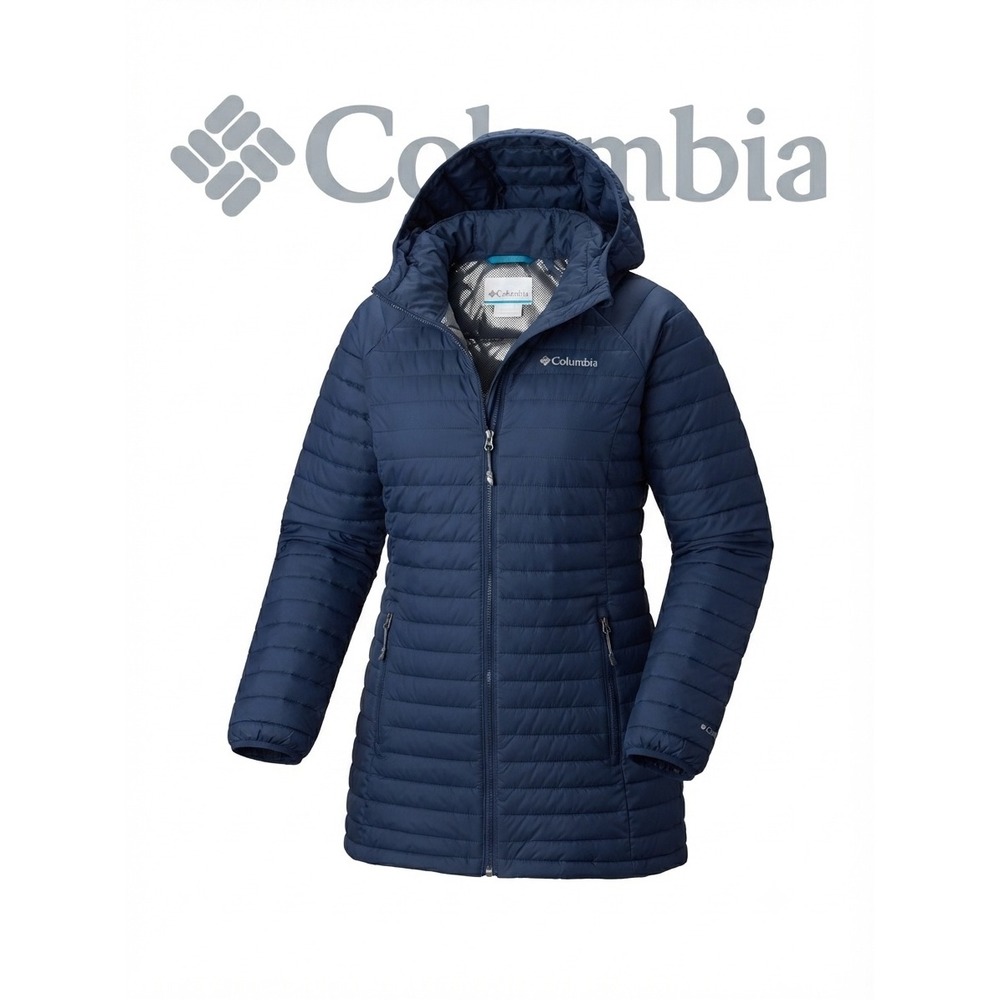 Columbia Powder Lite Long -Hooded Jacket Navy Puffer Omni-Heat Women's Small‎